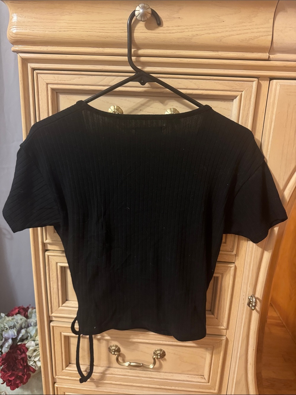 Madewell Black Ribbed Wrap Short-Sleeve Top with Side Tie - Picture 5 of 5